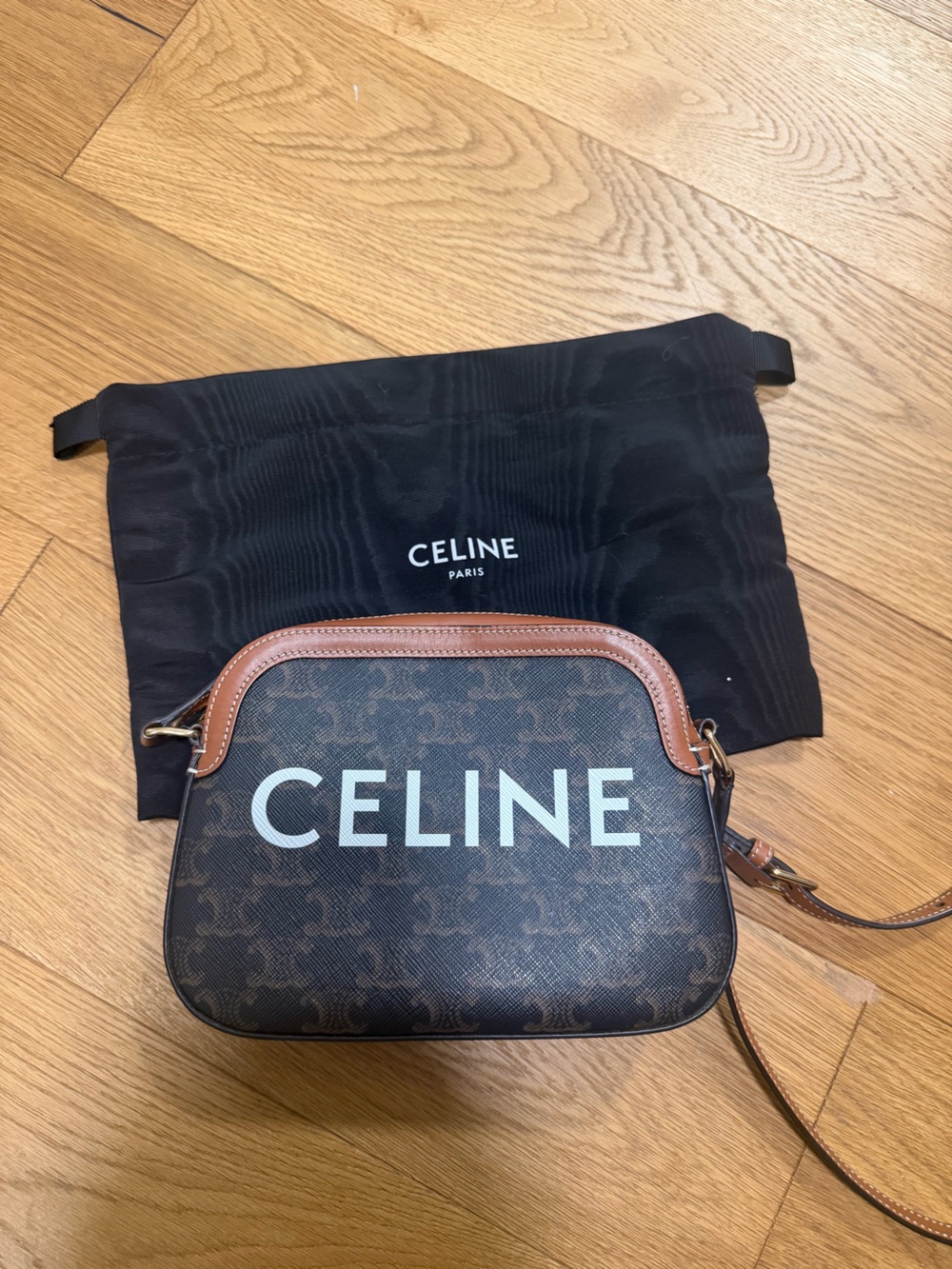 Celine Brown Monogram Crossbody with Tan Leather Trim and White Logo